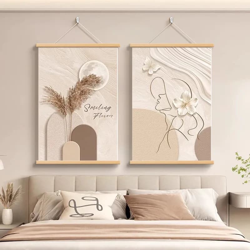 Abstract Canvas Wall Hanging Set of 2 Minimalist Woman Line Art Floral Beige Prints with Wooden Rods for Bedroom Bedside Decor