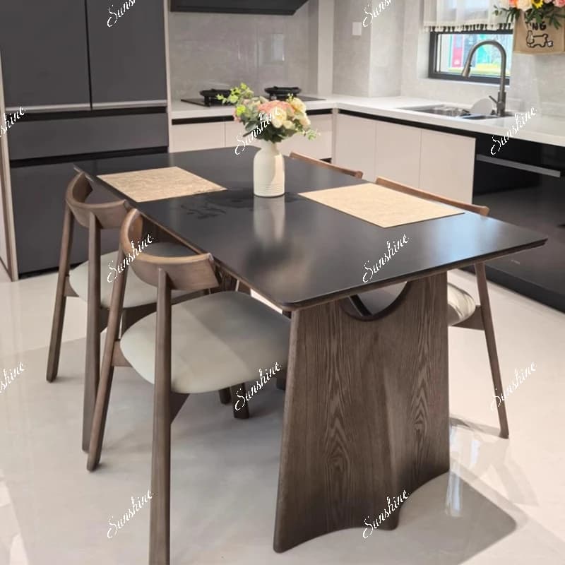 Rectangle solid wood, medieval home use, light luxury, modern simplicity, black rock slab dining table