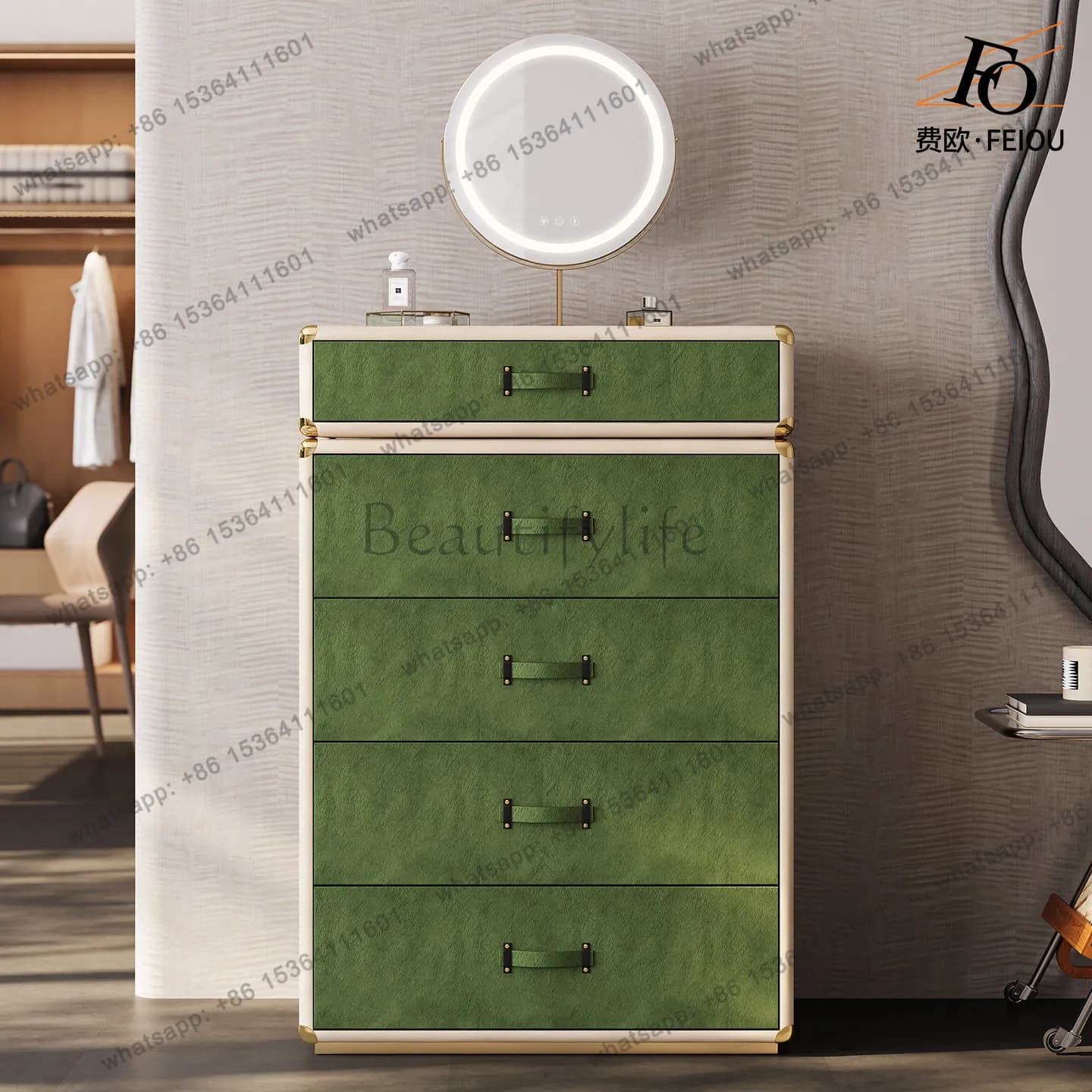 High-end light luxury chest cabinet Italian milk cowhide horse hair jewelry storage dresser cosmetic cabinet