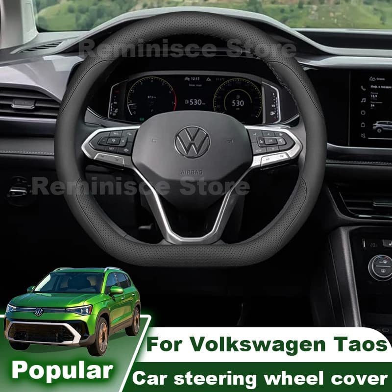 Leather Car Steering Wheel Cover For Volkswagen Taos T-Cross 2020-2023 2024 2025 2026 Non Slip Steering Wheel Cover Accessories