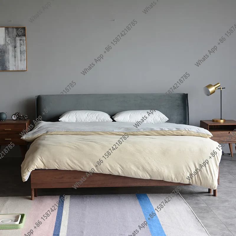 B Nordic Pure Solid Wood Master Bedroom Double Bed Simple Modern Japanese Wedding Bed Fabric Bed Soft Bag Velvet Minimalist It