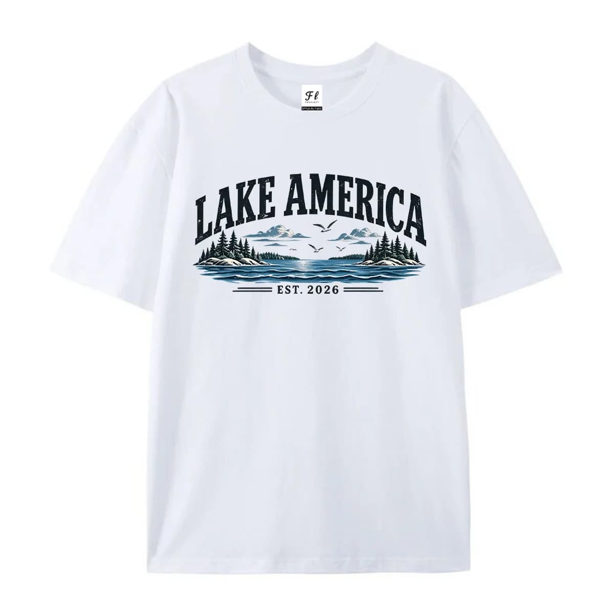 Lake America Graphic T-Shirt Retro Lake Landscape Print Tee Mountain Pine Tree Shirt Vintage Outdoor Nature Top Casual Unisex