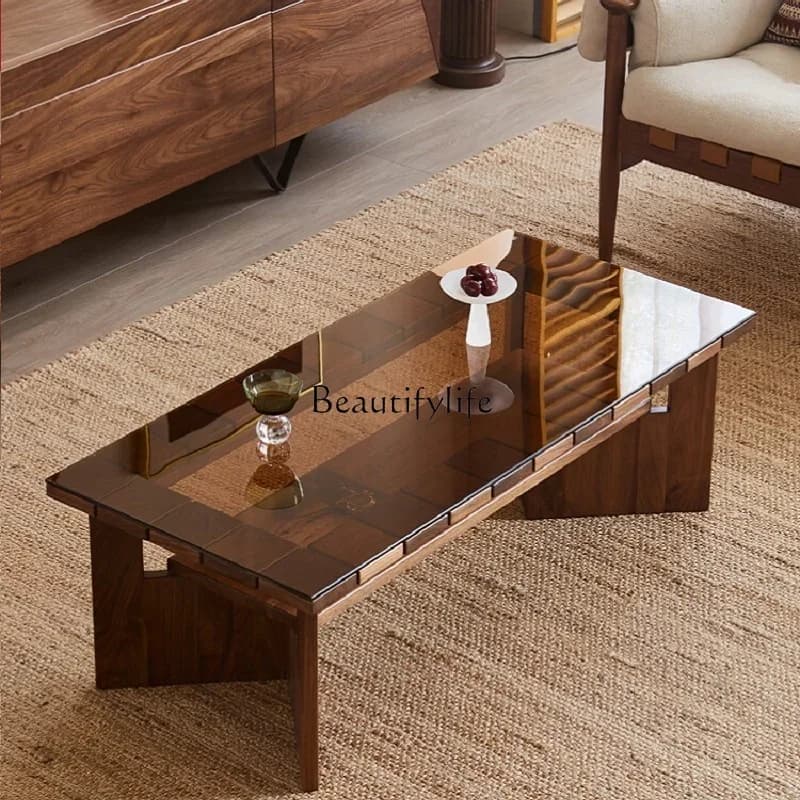yj57 Black walnut small apartment coffee table solid wood glass rectangular double-layer tea table