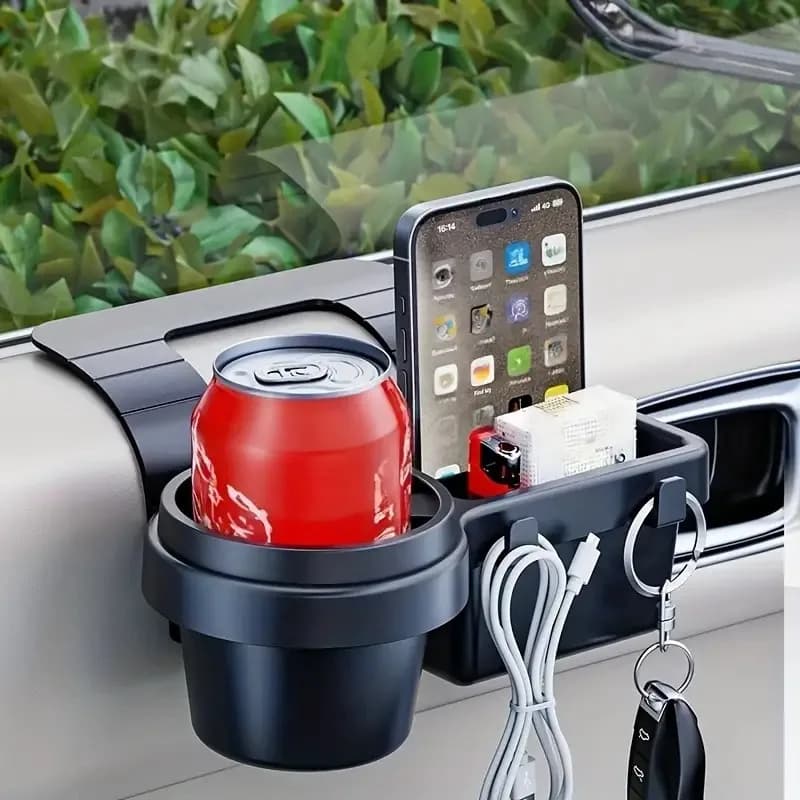 1 Multi-functional Car Door Rear Seat Organizer 4-in-1 ABS with 2 Hooks Phone Holder & Cup Holder Space-Saving Car Storage