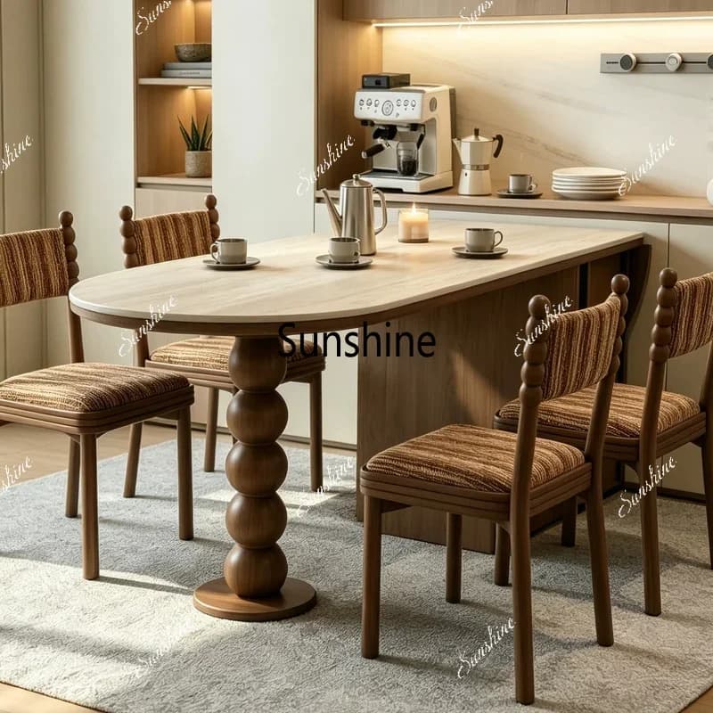 Retractable dining table oval solid wood leg villa high-end rock slab tableTJ