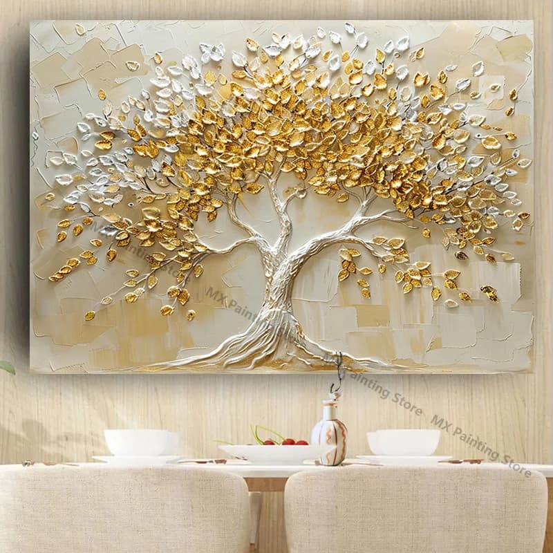Gold Tree Landscape Oil Painting On Canvas,Posters,Abstract Textured  Tree Wall Art Living Room Decor, Unframed Pictures