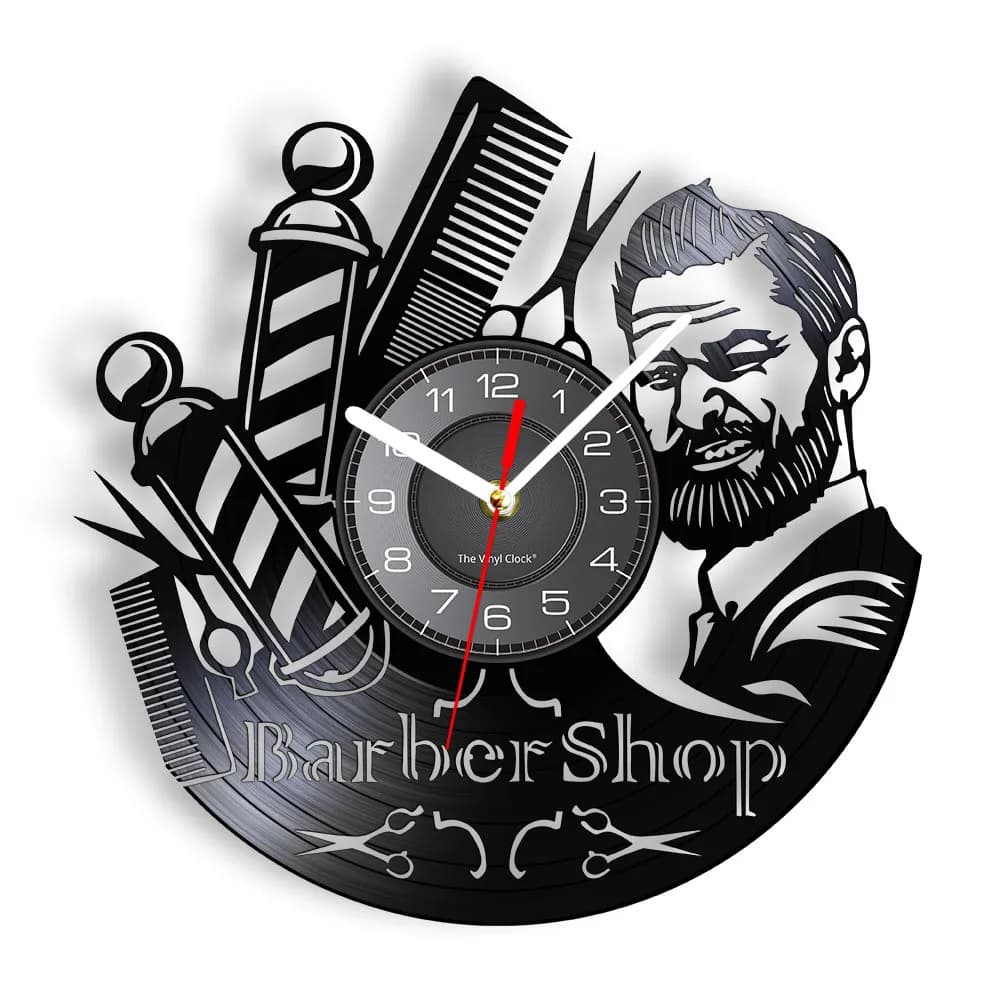 Barber Shop Sign Wall Clock Barbers Pole Vinyl Record Wall Clock Hair Salon Stylist Hair Tools Scissors Barber Shop Artwork Gift