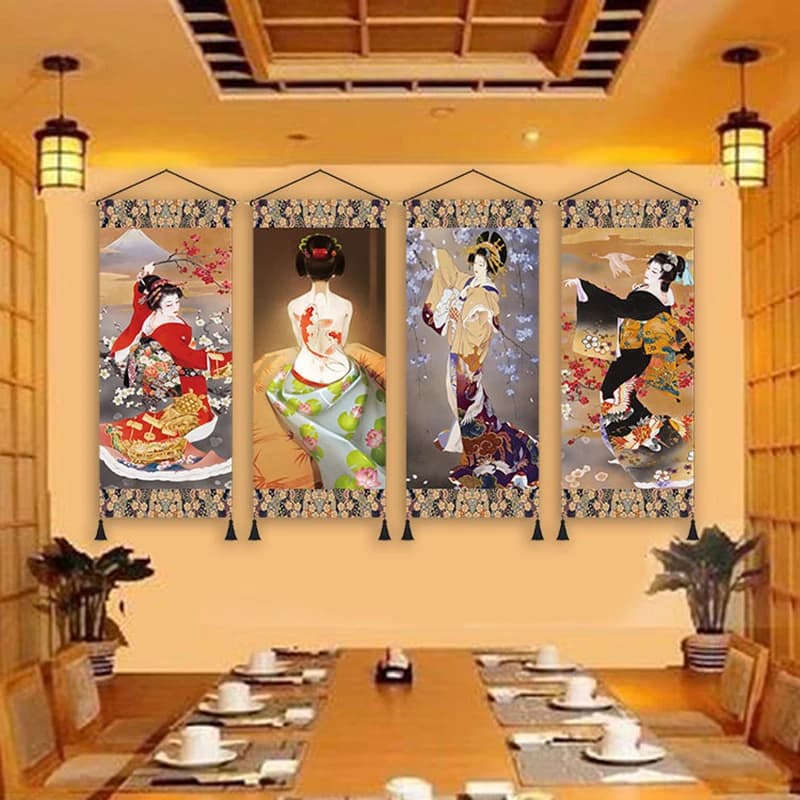 Retro Wall Art Canvas Pictures Vintage Japanese Geisha Kimono Ukiyo-e Woman Poster Restaurant  Home Living Room Hanging Painting
