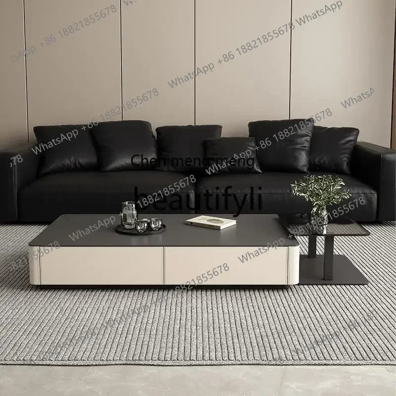 SS S7486 Italian light luxury rock slab coffee table, combined living room home retro style solid wood high-end saddle leather T
