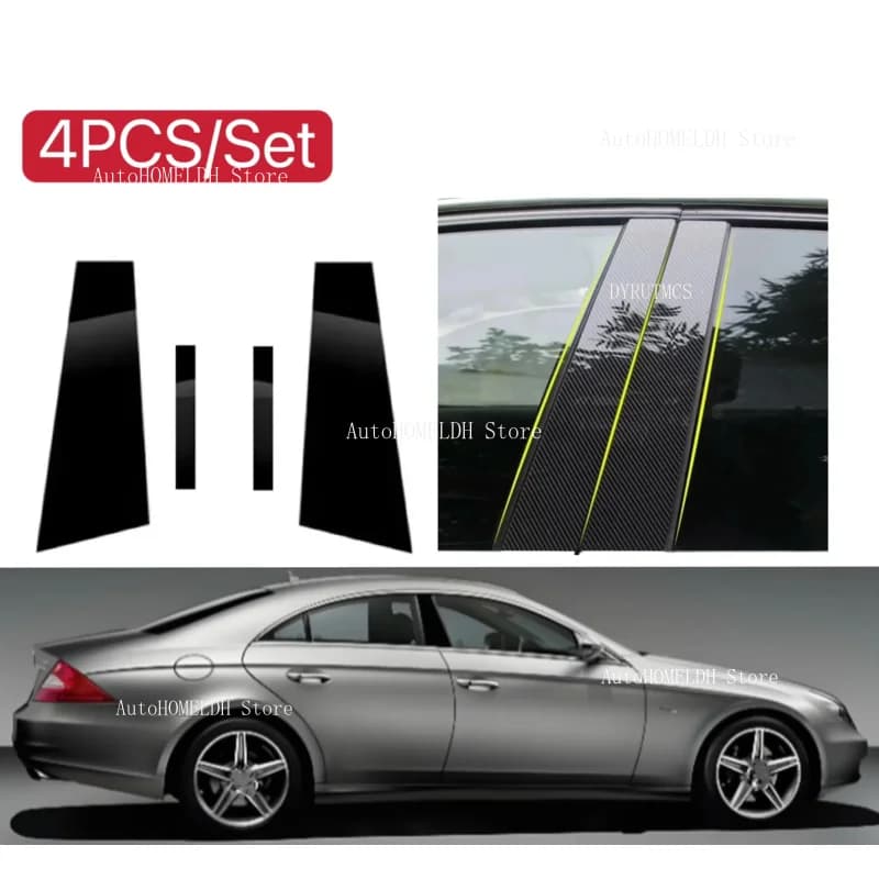 4Pcs Gloss Black Pillar Post  Fit For MERCEDES CLS C219 2006 2007-2011 Door Side Window Decor Cover Accessories Silver Carbon