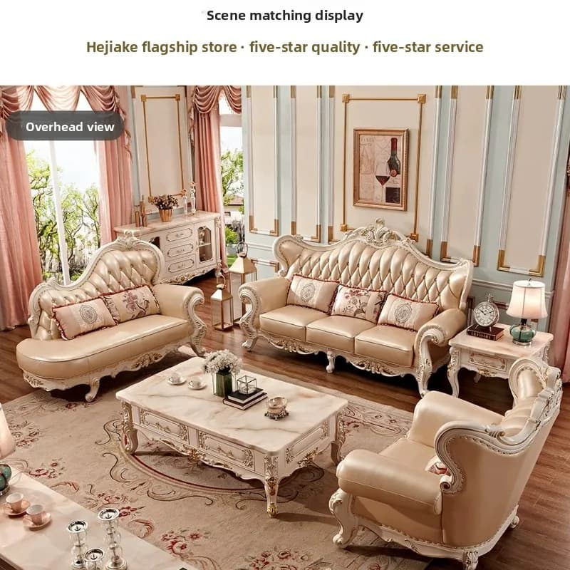 W23 - european style genuine leather sofa, solid wood, double-sided carved, american high-end living room furniture