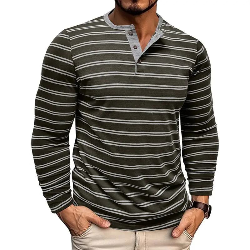 Autumn Men's Henley Collar Long Sleeved T-shirts Striped Casual Tops Button T Shirt Male Soft Comfy Cotton Shirt Tee XXL