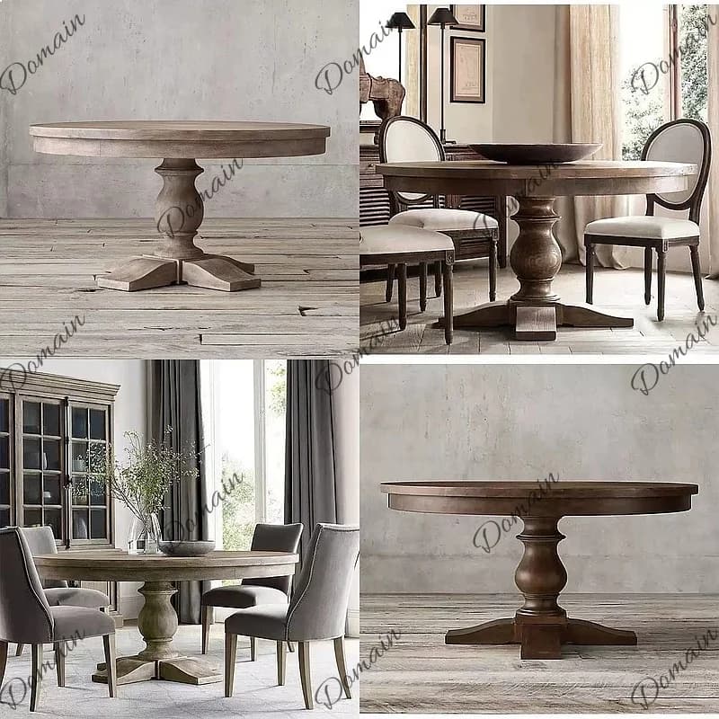 French Solid Wood Round Dining Table for Home, Retro Small Space Coffee Table, Simple Style