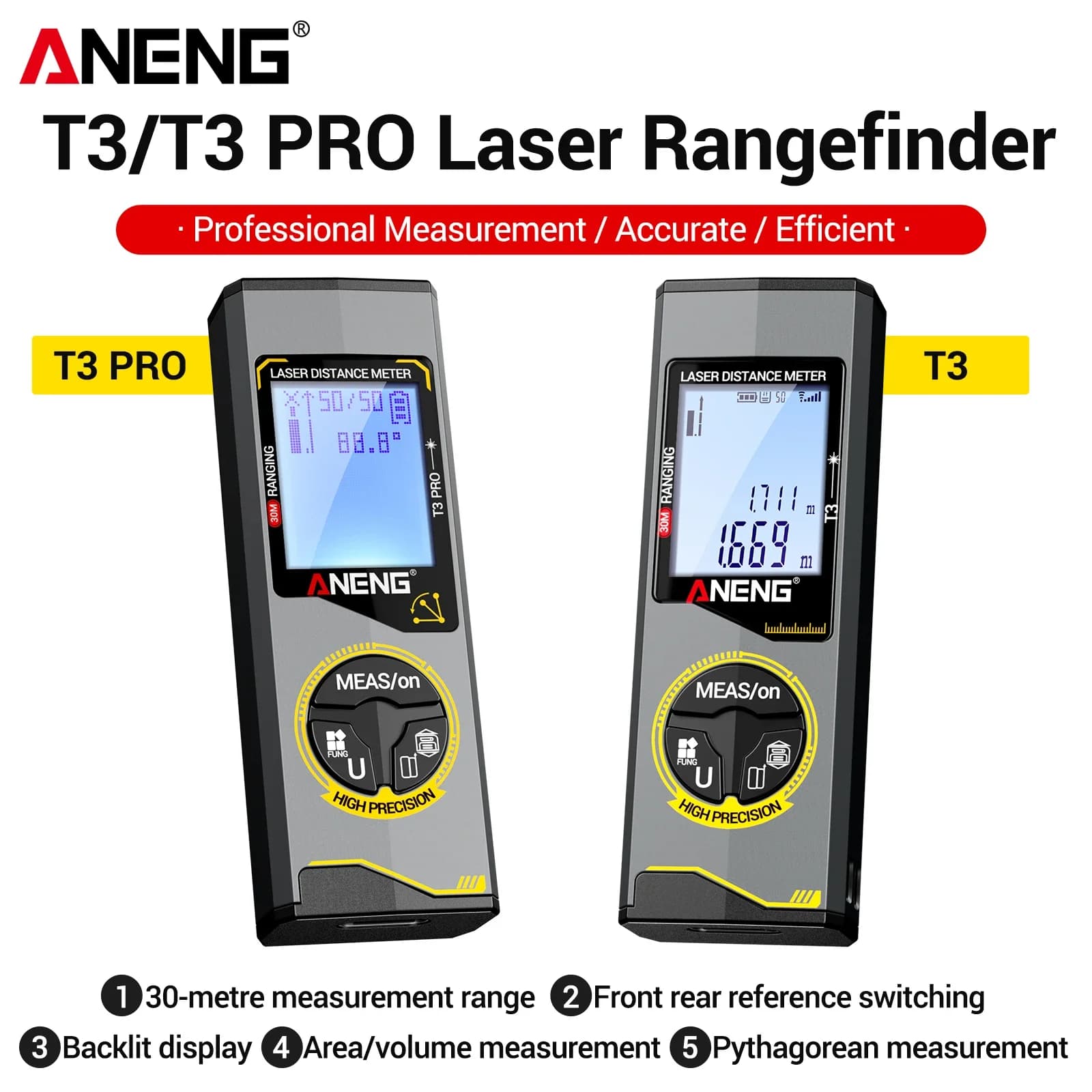 ANENG T3/T3PRO laser rangefinder 30 meter laser ruler USB charging backlit screen Pythagorean theorem measuring room instrument