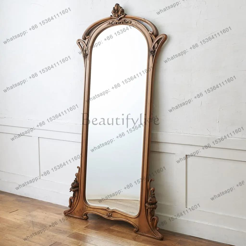 European retro solid wood carving flower full body mirror arched floor mirror home living room bedroom decoration