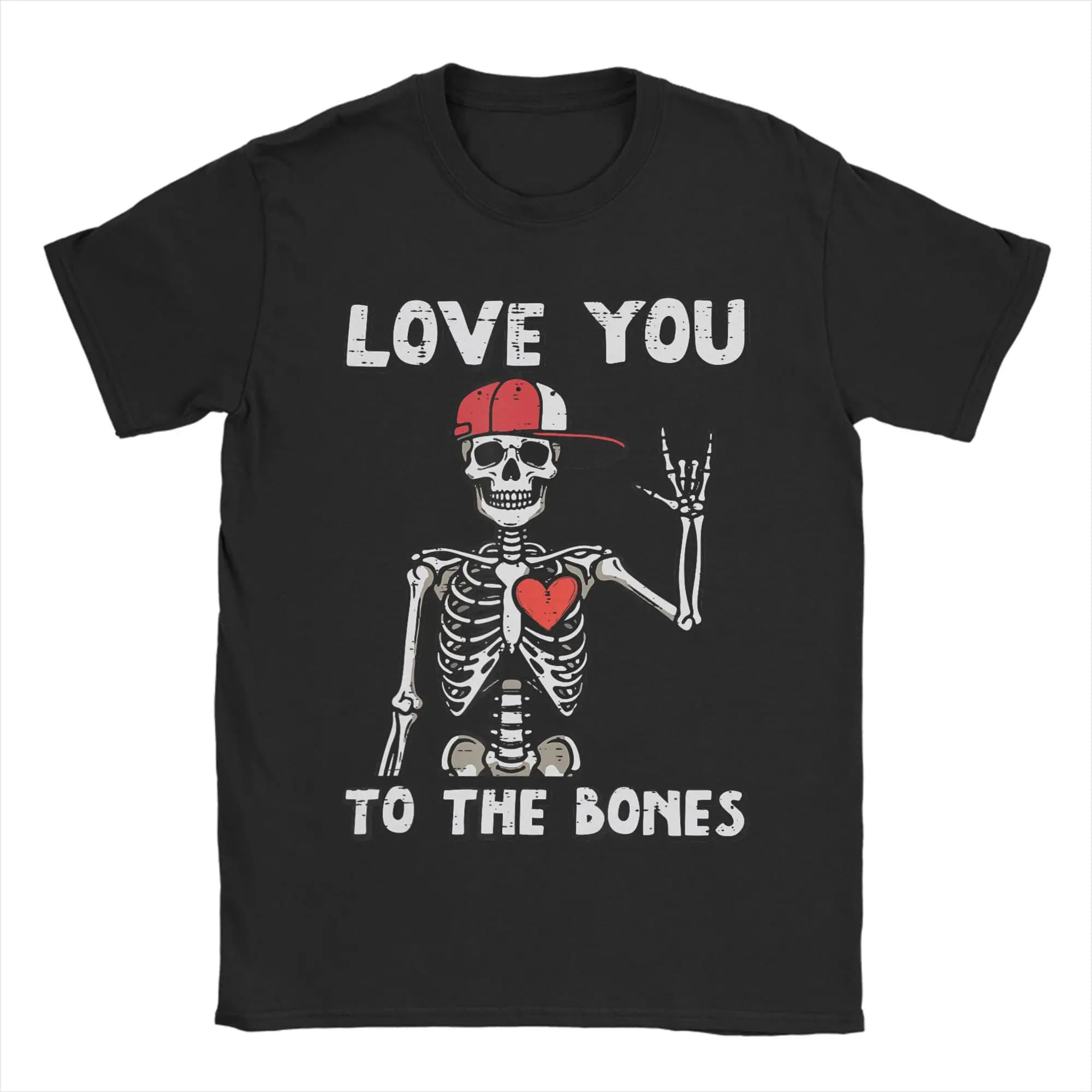 Valentines Day Skeleton Love You Rocker T Shirt for Men Cotton Vintage T-Shirt Round Collar Tees Short Sleeve Clothing Gift Idea