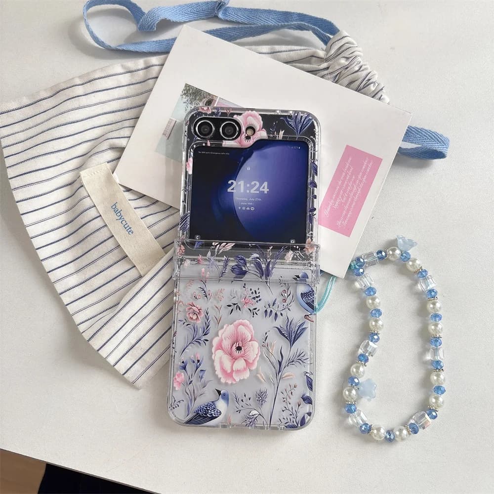 Elegant Retro Peony Flower Bird Printed Clear Phone Case for Samsung Galaxy Z Flip 7-3 Blue Crystal Bead Strap Protective Cover