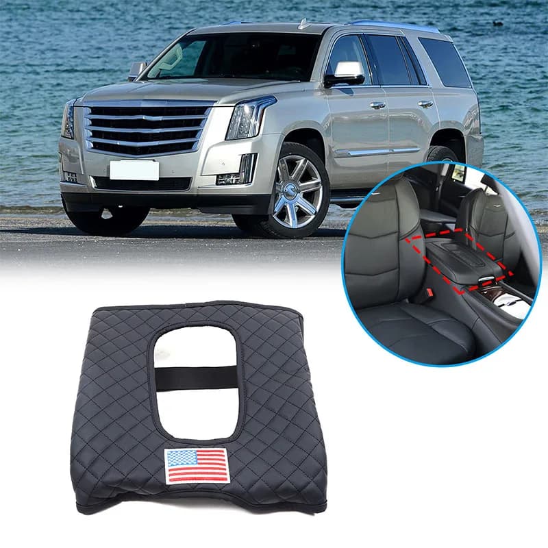 For 2015-2020 Cadillac Escalade Armrest Box Cover Car Styling Accessories Plaid Leather Black 1-piece Set (American Flag)