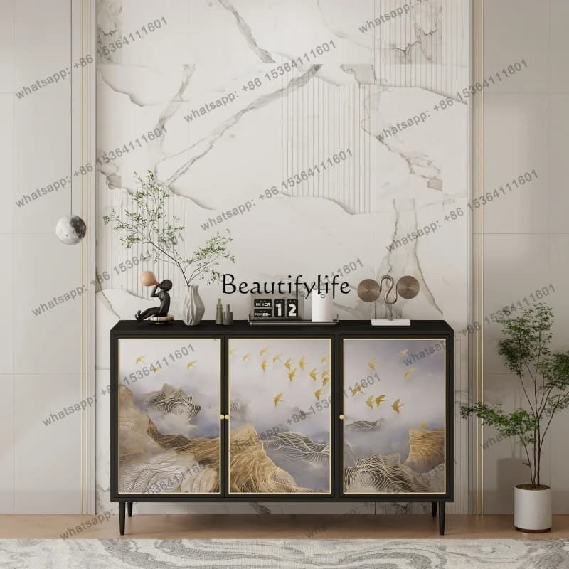 D25Stained glass middle and ancient style locker, dining side entrance, living room decorative cabinet, light luxury art sense