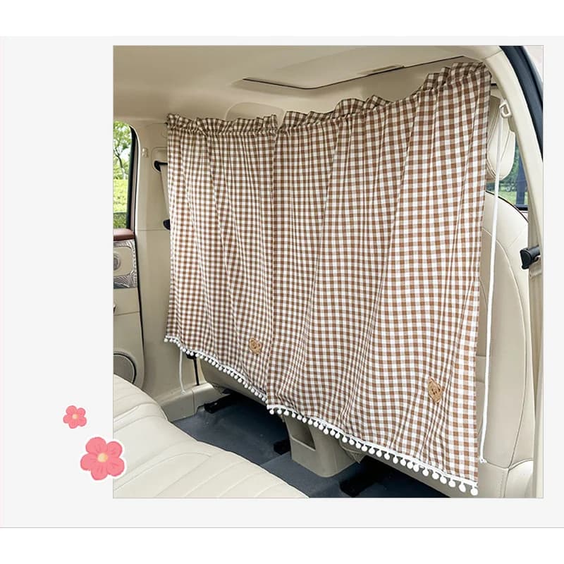 Plaid Bear Retractable Car Divider Curtain Hanging Privacy Sunshade Heat‑Insulated Auto Interior Accessories Universal Fit