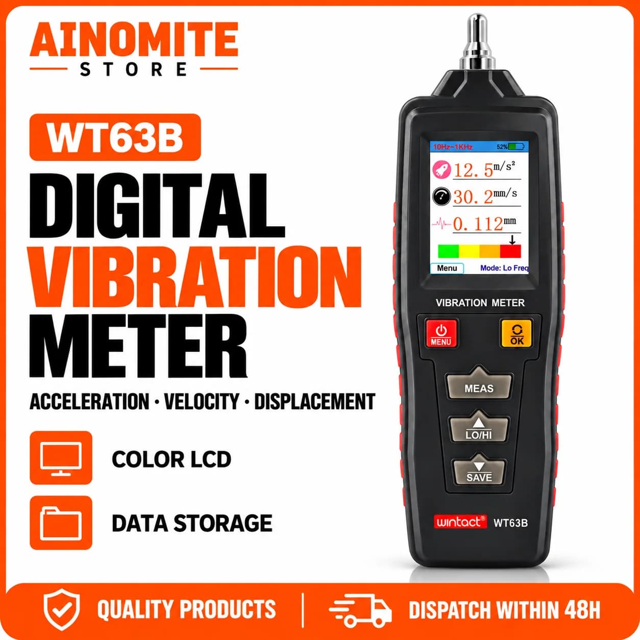 Handheld Vibration Meter 0.01-199.9mm/s, Digital Vibration Analyzer with Acceleration Velocity Displacement, Piezoelectric Test