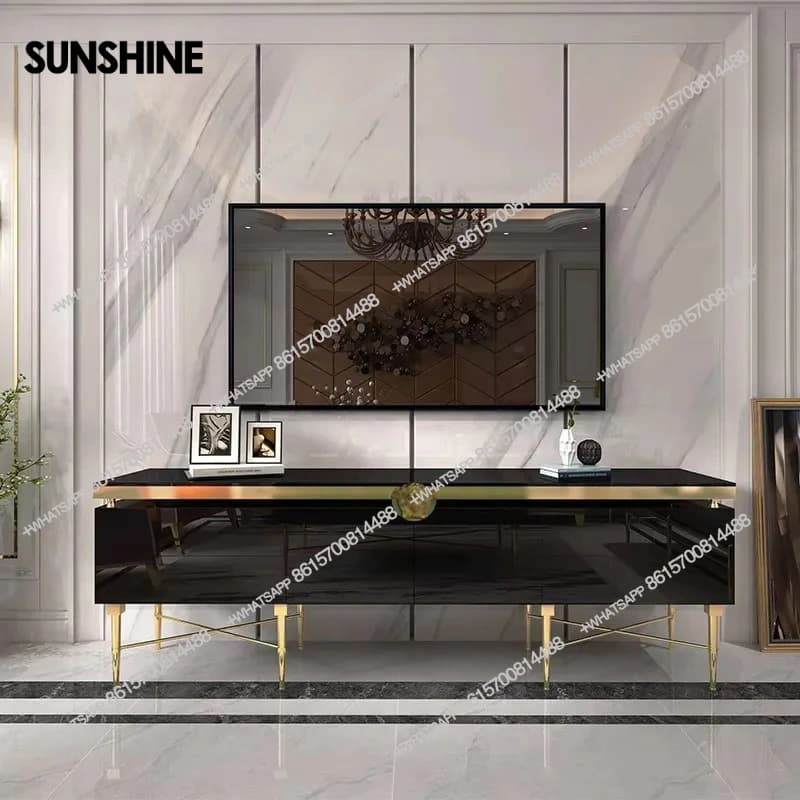 Luxury TV Table with Gold Stainless Steel Base & Storage Black and White Colors