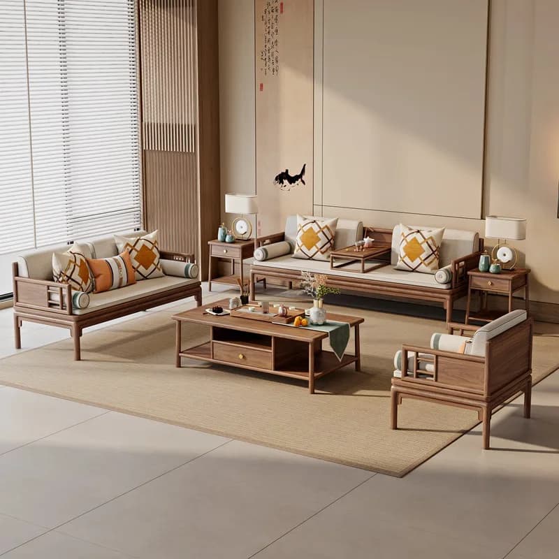LTT solid wood removable and washable fabric new Chinese sofa black walnut Song Dynasty paint-free living room furniture