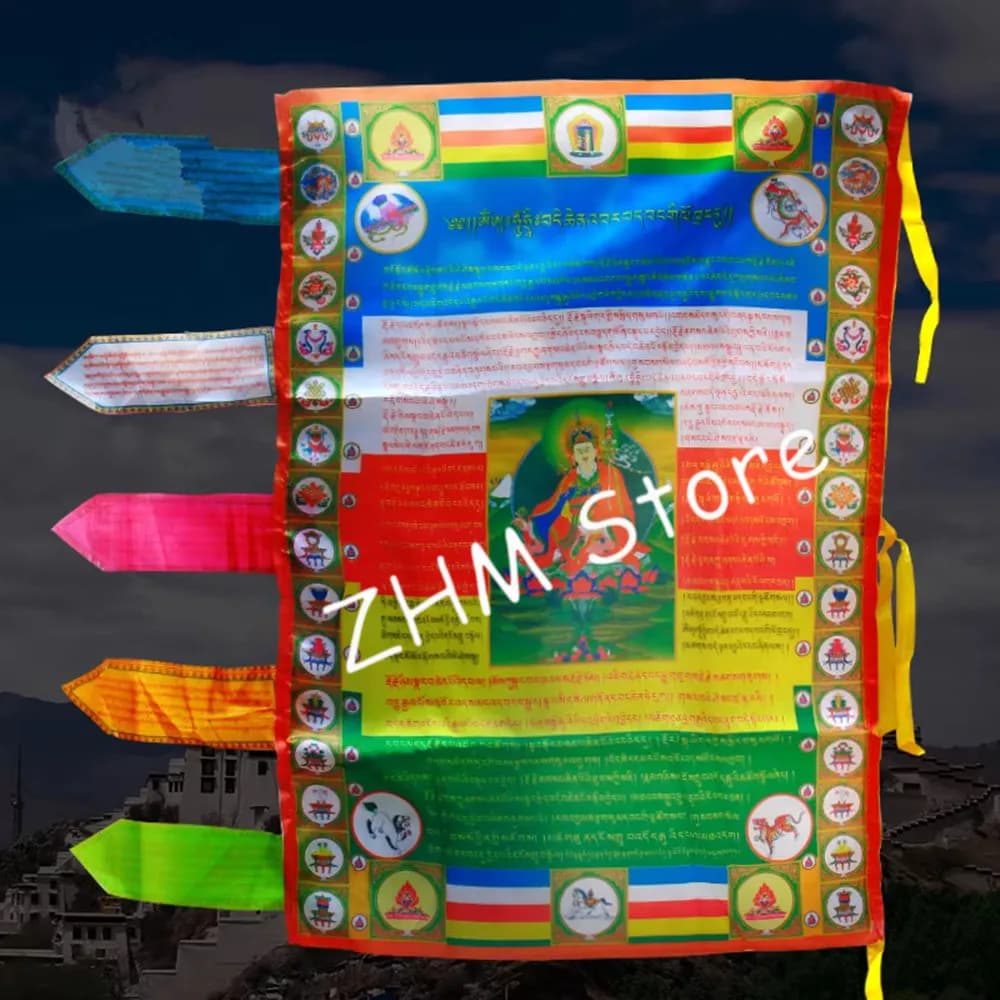1 String Silk Cloth Multi-color Handmade Lotus Sutra Mantra Scripture Colored Printed Clear Pattern Tibetan Vertical Prayer Flag