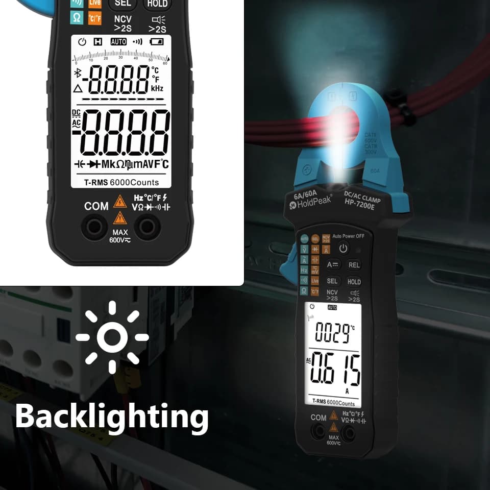 HoldPeak HP-7200E True RMS Digital Clamp Meter 6000 Counts Auto-Ranging NCV AC/DC Voltage Current Tester Multimeter