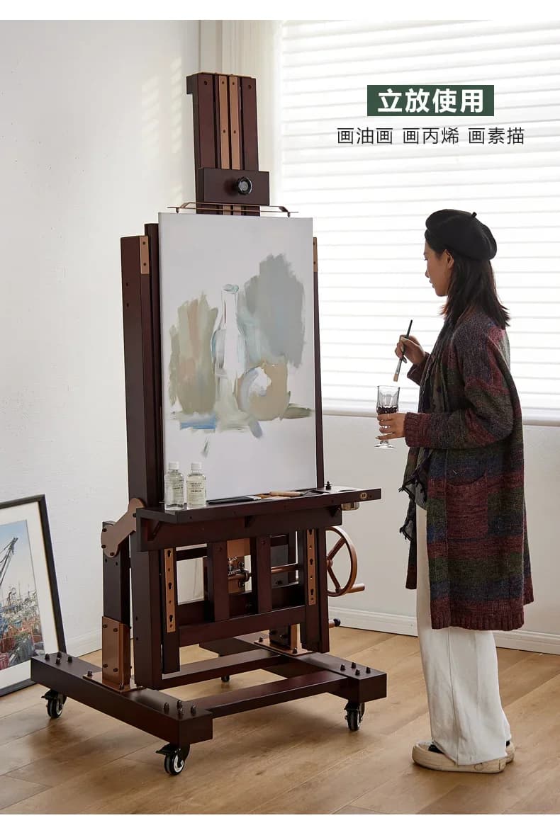 Professional easel artboard art student special hand crank multi-functional wooden floor large giant oil painting stand