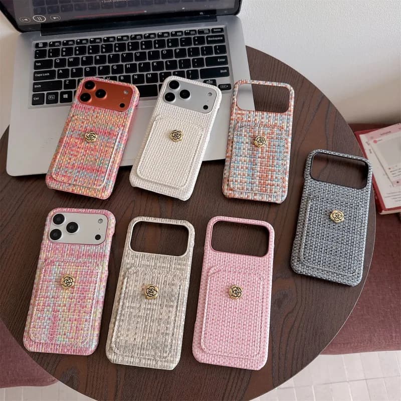 Retro Camellia Weave Pattern Card Case for iPhone 17 15 16 Pro Max 14 16 Plus Air 11 13 12 Pro Phone Shells - Simple Design