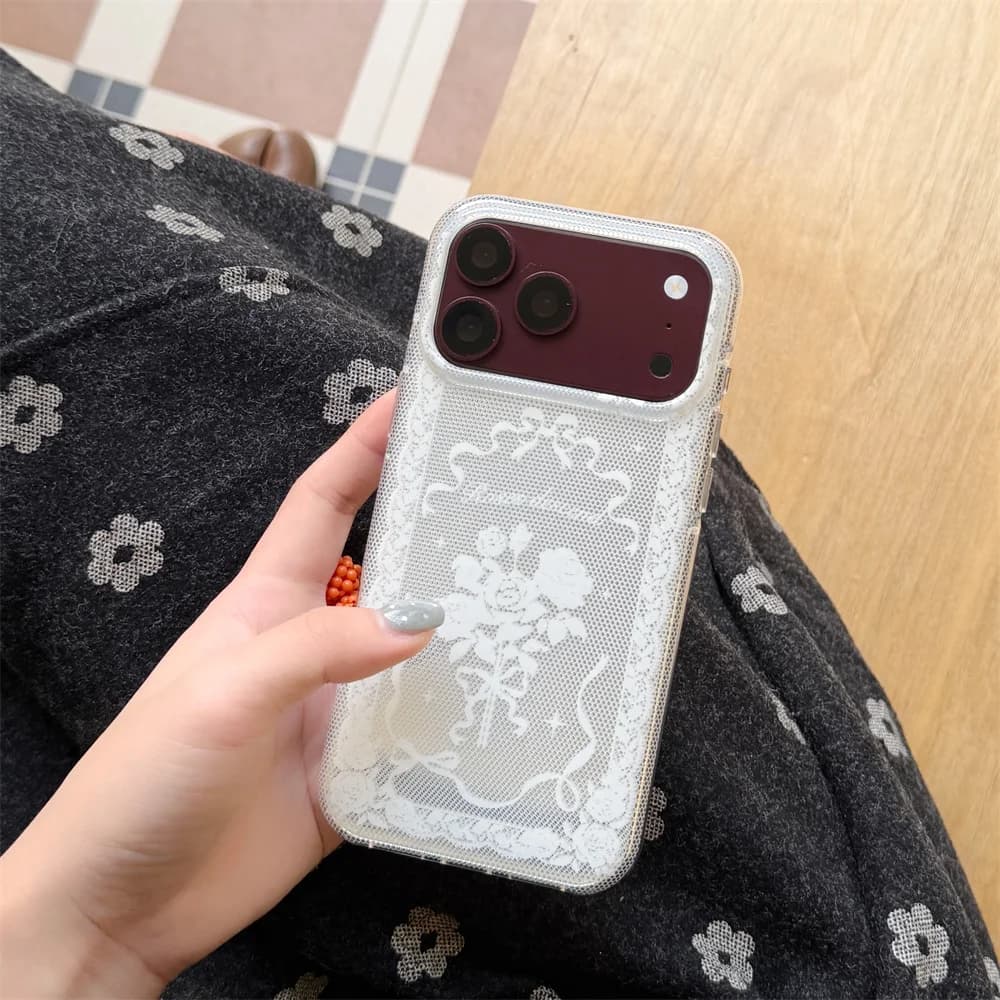 Korea Fashion Ins Grid lace Rose Phone Case For iPhone 18 Pro 17 16 15 Pro Max Back Cover Shockproof Cute Cases 18Promax Glitter