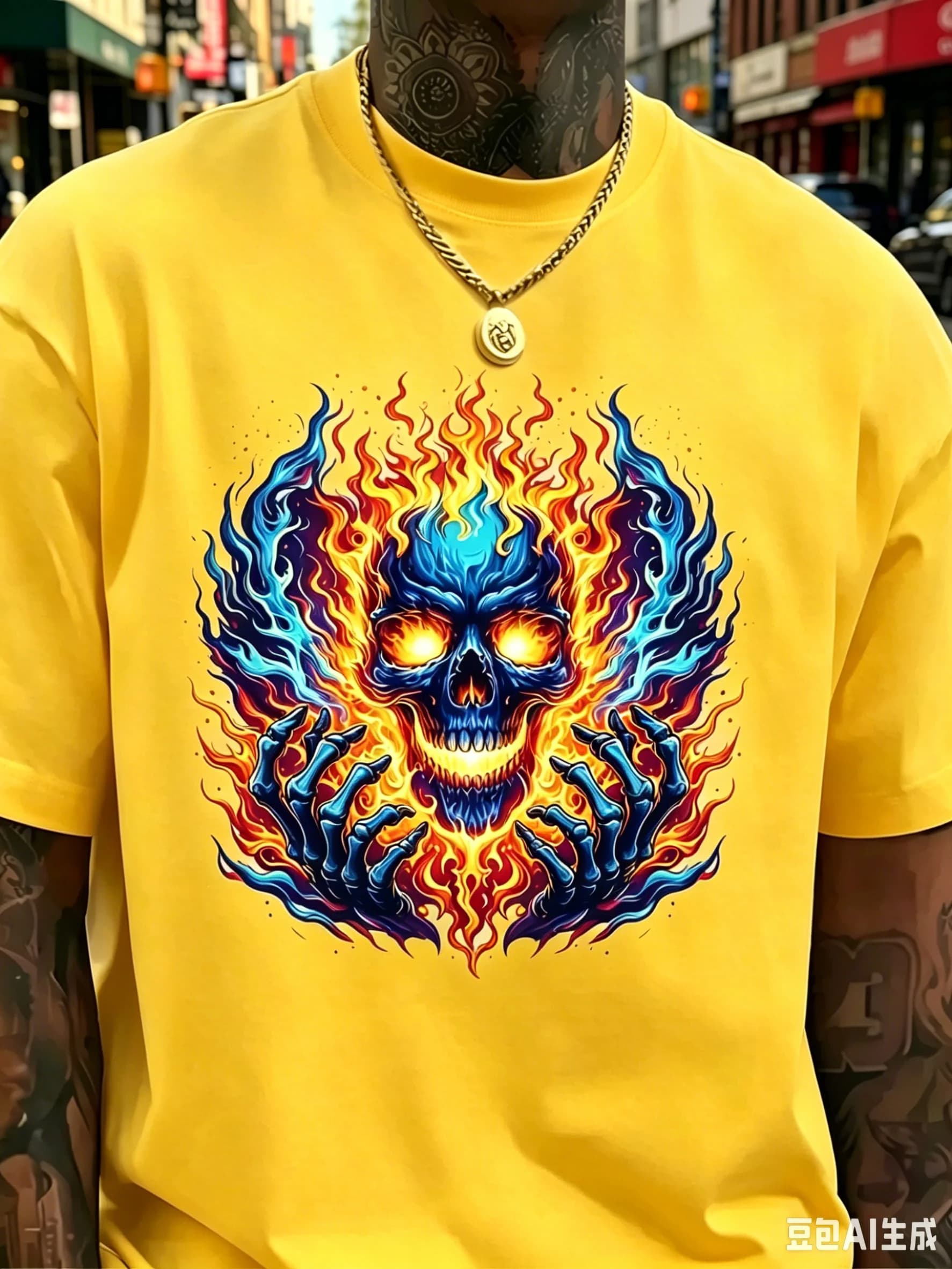 Fashion New Model Vibrant Fire Skull Skeleton Graphic Short Sleeve T-Shirt, Retro Gothic Streetwear Casual Short Sleeve Top