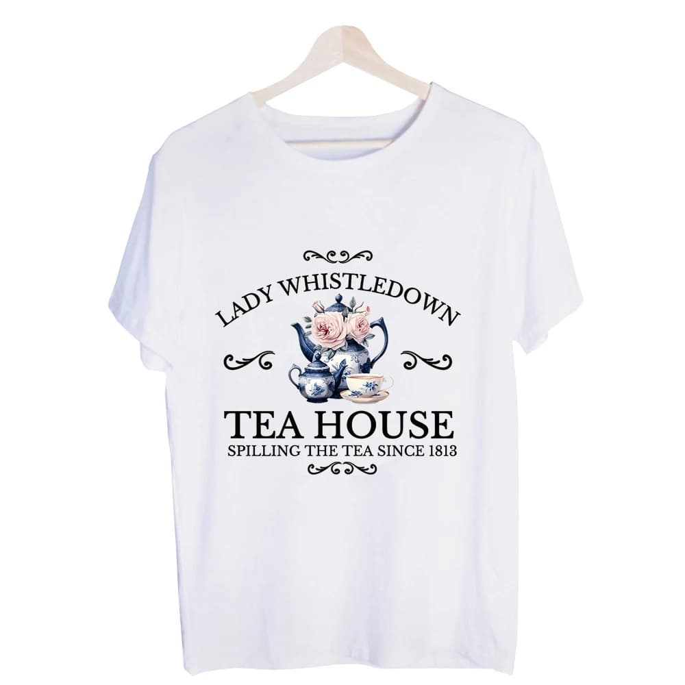 Women's Teapot and Roses Graphic Tee, Short Sleeve Crew Neck T-Shirt with Vintage Typography Print for Casual Daily Wear
