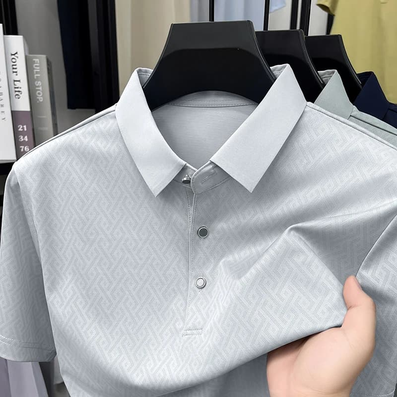 2026 Summer Middle Aged Business Men Polo Shirt Geometric Jacquard Pattern Ice Silk Soft Daily Casual Dad Wear Short Sleeve Top