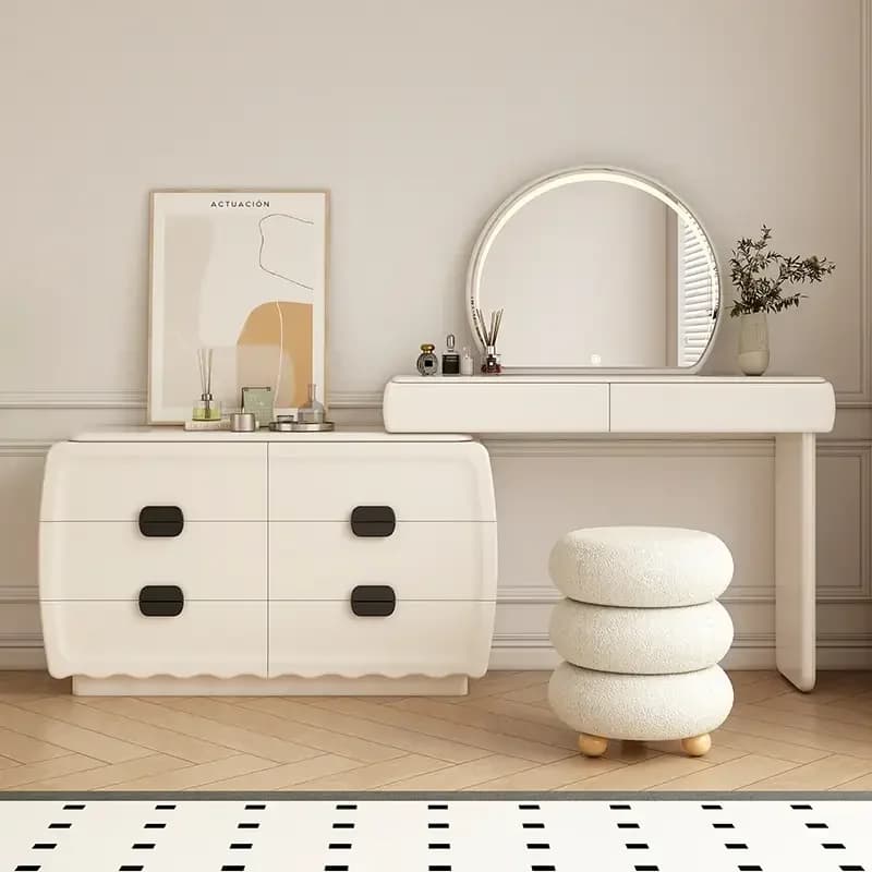 French White Modern Dressing Table Drawers Mirror Seat Luxury Compact Dressing Table Storage Cabinet Wood Bedroom Furniture