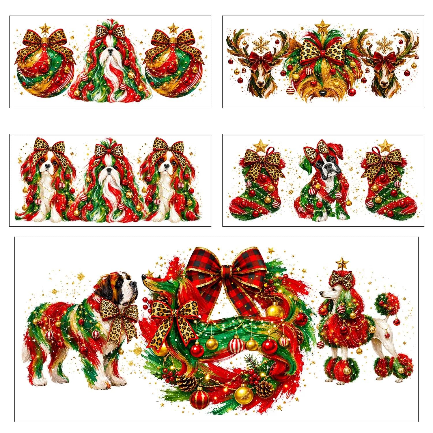 5 Sheets Cute Puppy Christmas Season UV DTF Sticker Party DIY Decals 3D transfers uvdtf Tumbler Stickers 16oz uv dtf cup wraps
