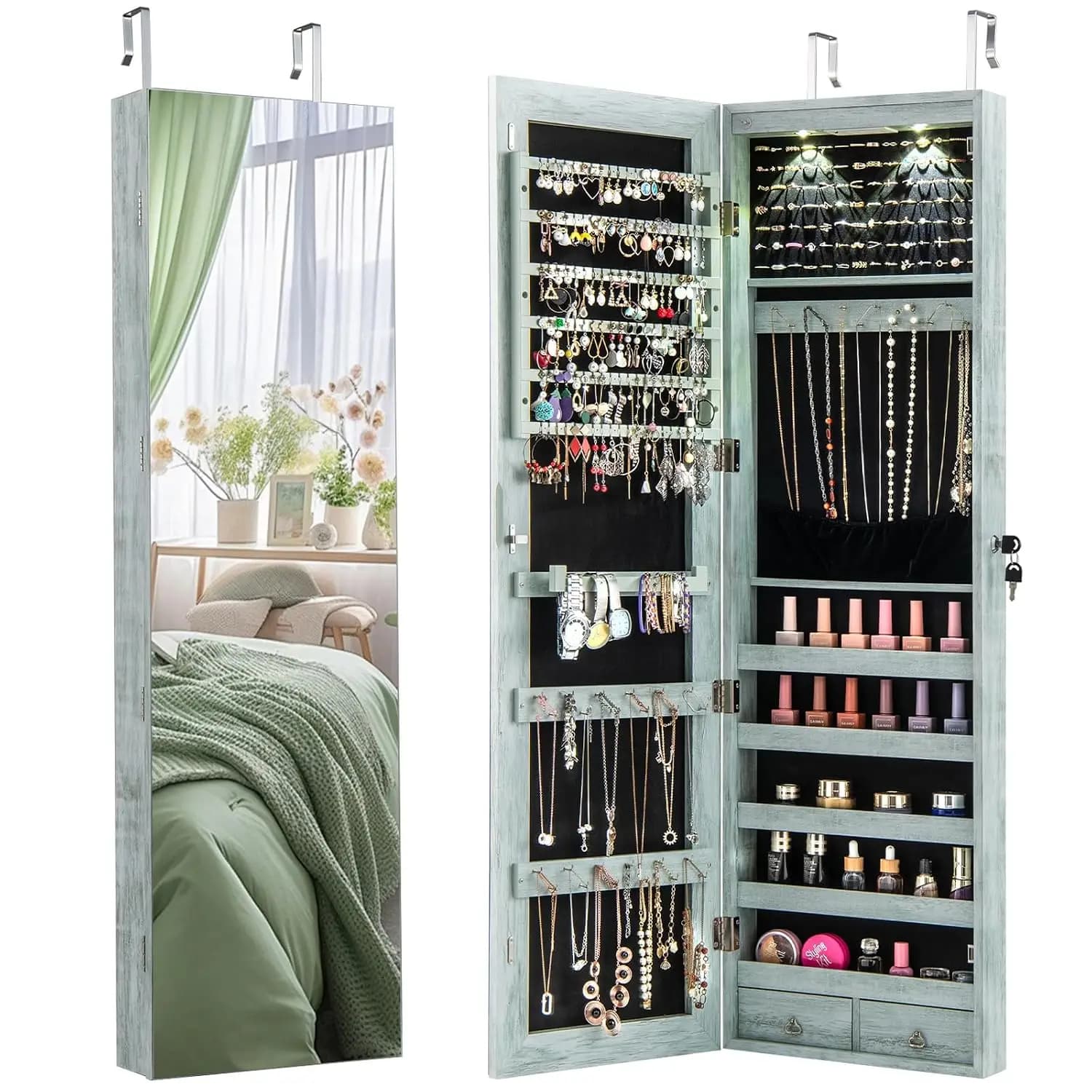 Wall or Door Mounted Jewelry Armoire with Full Length Mirror, 47.5"