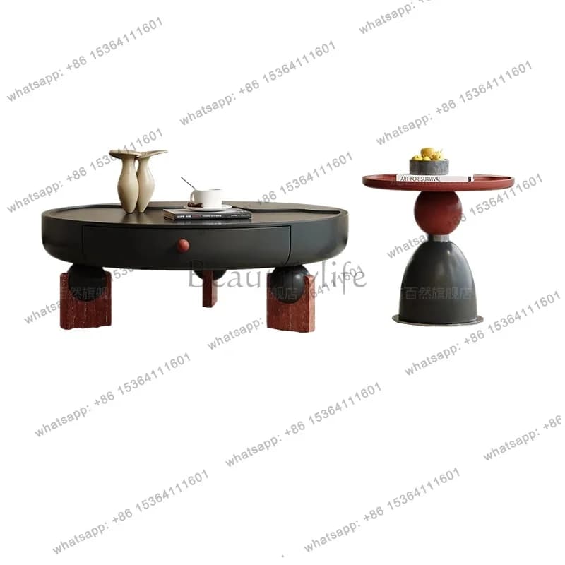 YJ New living room coffee table solid wood home round Italian minimalist travertine light luxury luxury small apartment
