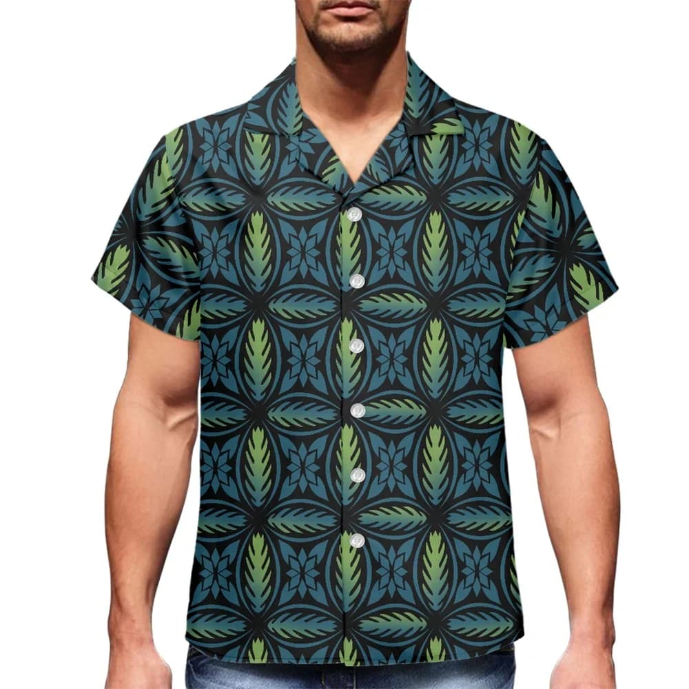 Casual Button Down Aloha Shirts for Men Polynesian Shirt Tribal Clothing Green Tapa Masi Print Custom Hawaiian Islands Shirts