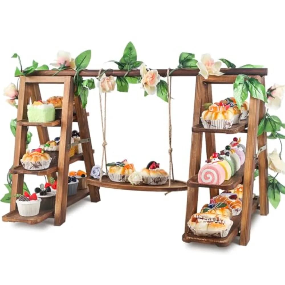 Wooden 3 Tier Cupcake Stand with Floral Swing Removable Trays Foldable Serving Platter for Party Dessert Buffet Display