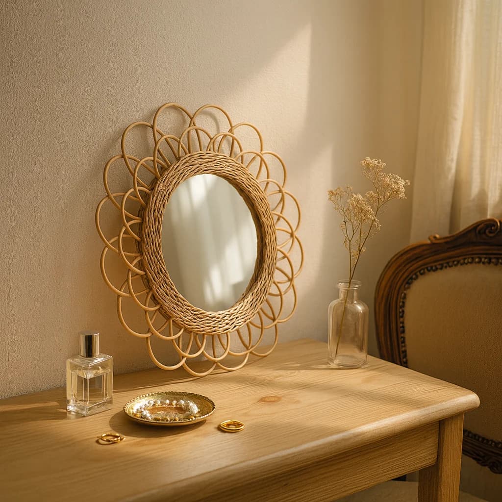 Rattan Round Mirror: Innovative Wall Art, Bathroom Decor, Artistic Hanging Accent for Home | Rattan Wall Mirror