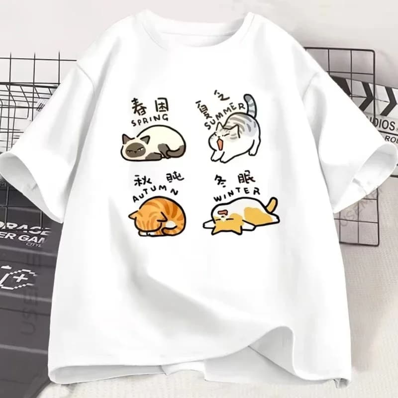 Funny Lazy Cat Print T-Shirt Men Women Cat Lover Graphic Tee Loose Short Sleeve Casual Fashion Cotton Tops