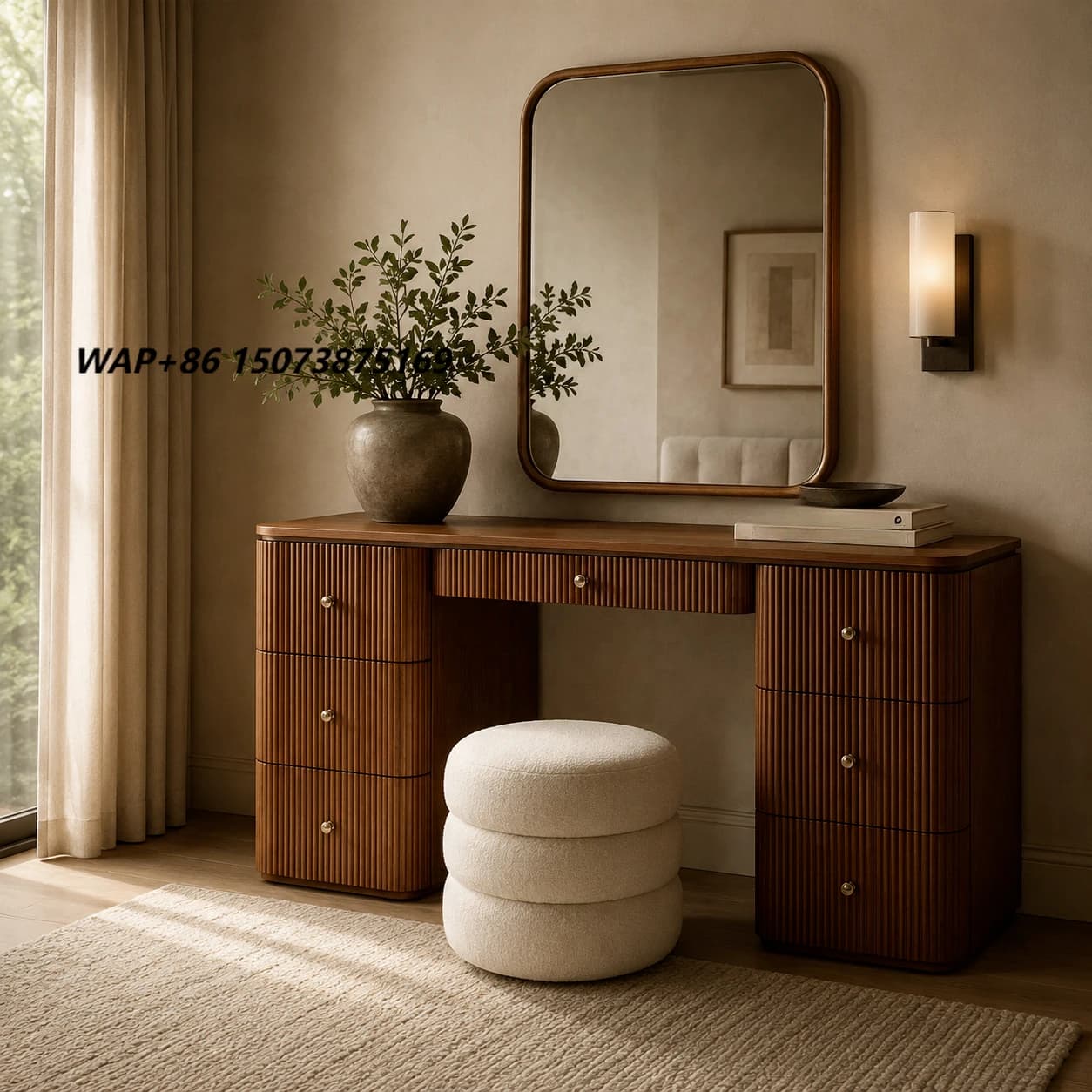 Nordic Slatted Wood Dressing Table 160cm Wide Makeup Vanity with Gold Knobs for High-end Apartment Interiors