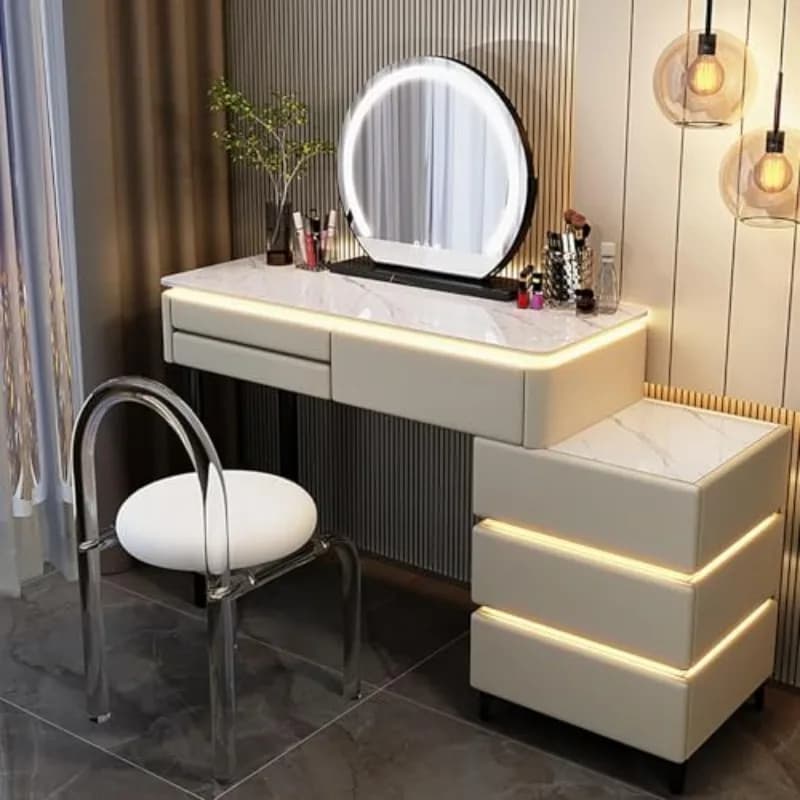 Makeup Table with Flip Top Mirror and Removable Storage Padded Seat Stool Led Smart Glass Dressing Table Chair Set,Light Gray Va