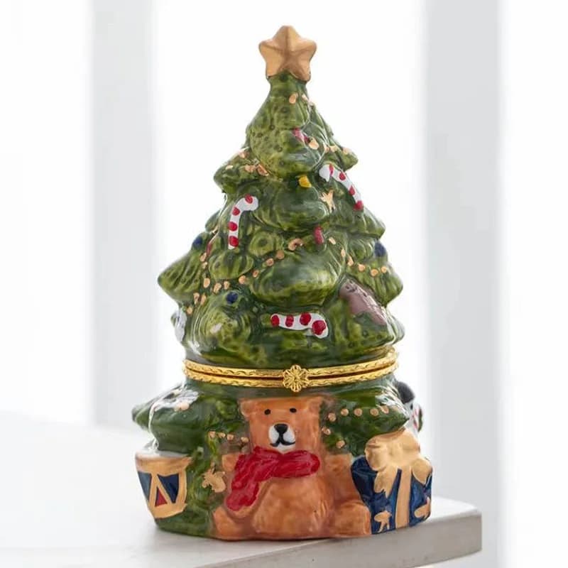 Christmas Tree Ceramic Trinket Box with Bear Mini Jewelry Storage Case Cute Xmas Decor Ring Necklace Earring Holder Gift