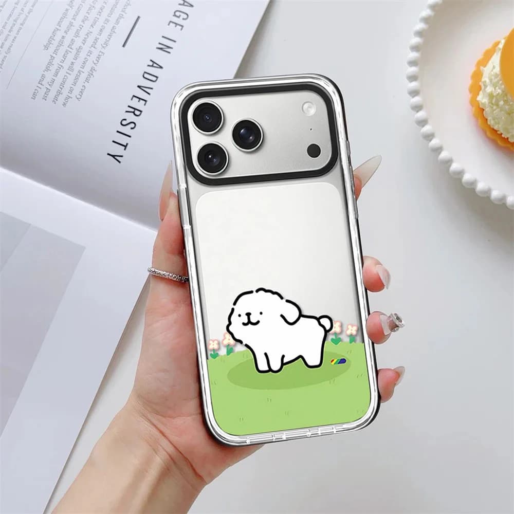 Cartoon Grass Line Puppy White Border Magnetic Phone Case Cover for IPhone 13 14 15 16 17 Pro Max Case for IPhone Air