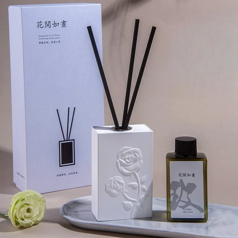 Ceramic Container with Embossed Flower Pattern Reed Diffuser Set Home Fragrance Decor Gift For Women Friend Birthday Gift