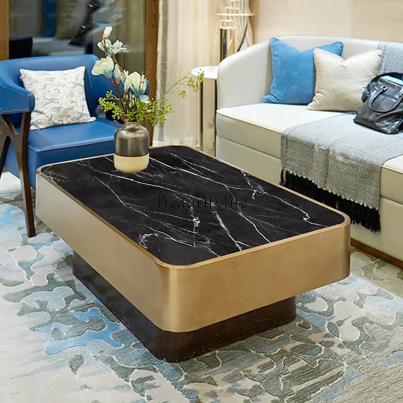 Nordic light luxury rounded marble coffee table rectangular stainless steel tea table