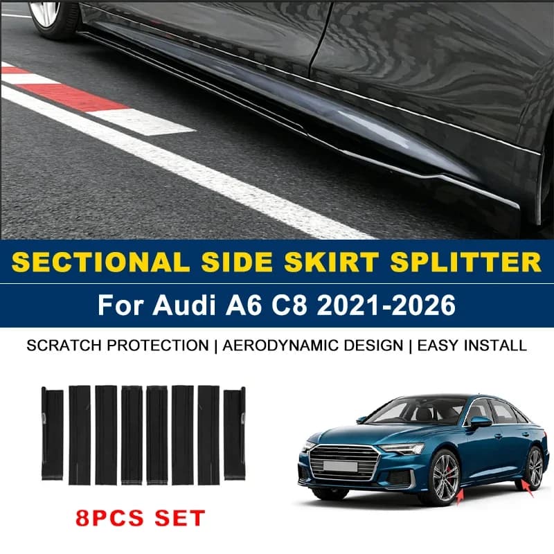 2.2m Sectional Side Skirt Extension Lips Side Spoiler, Car Exterior Modified Upgrade Kit For Audi A6 C8 2021-2026 2022 2023 2024
